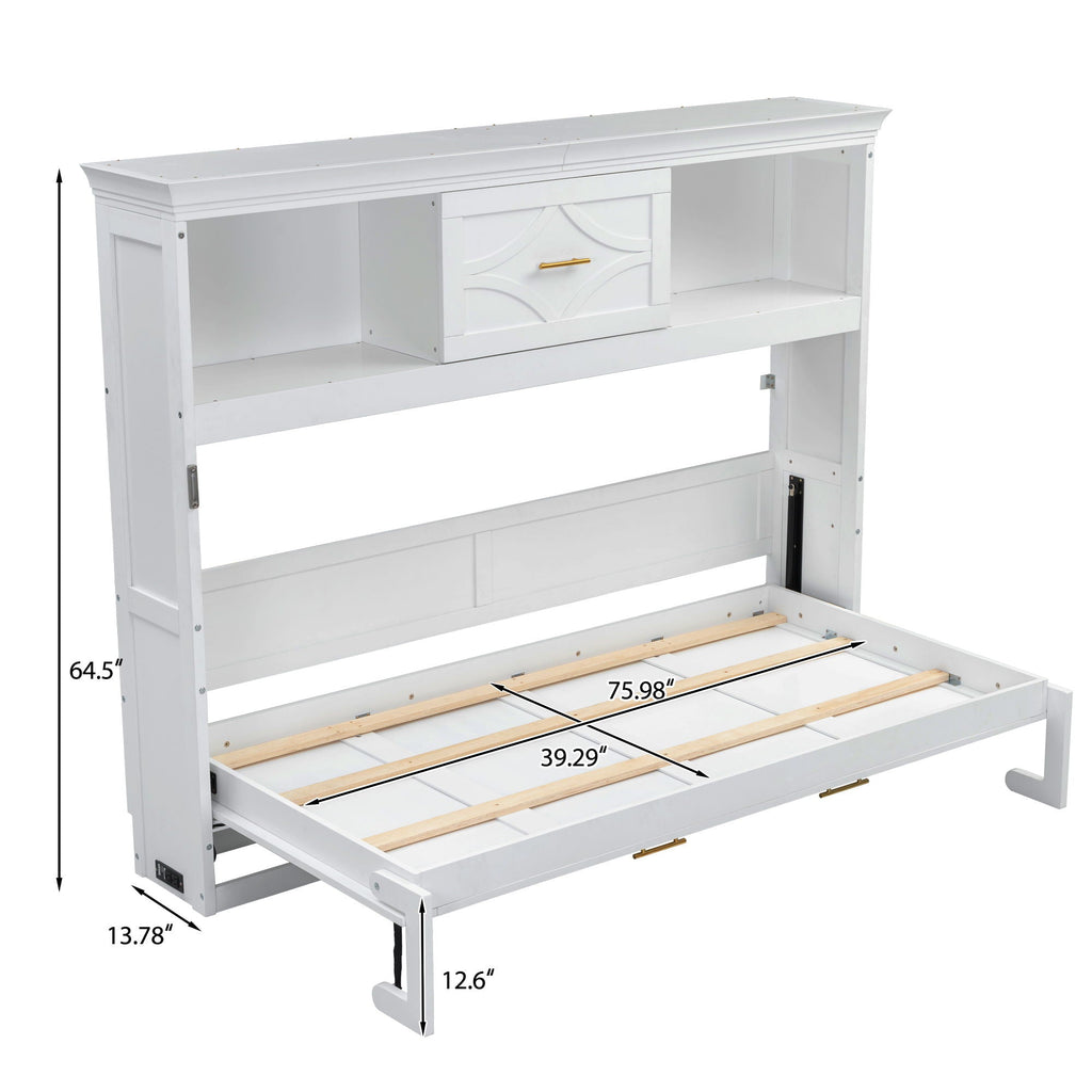 Murphy Bed With Charging Station and Drawer - Twin Storage Bed - White or Light Brown
