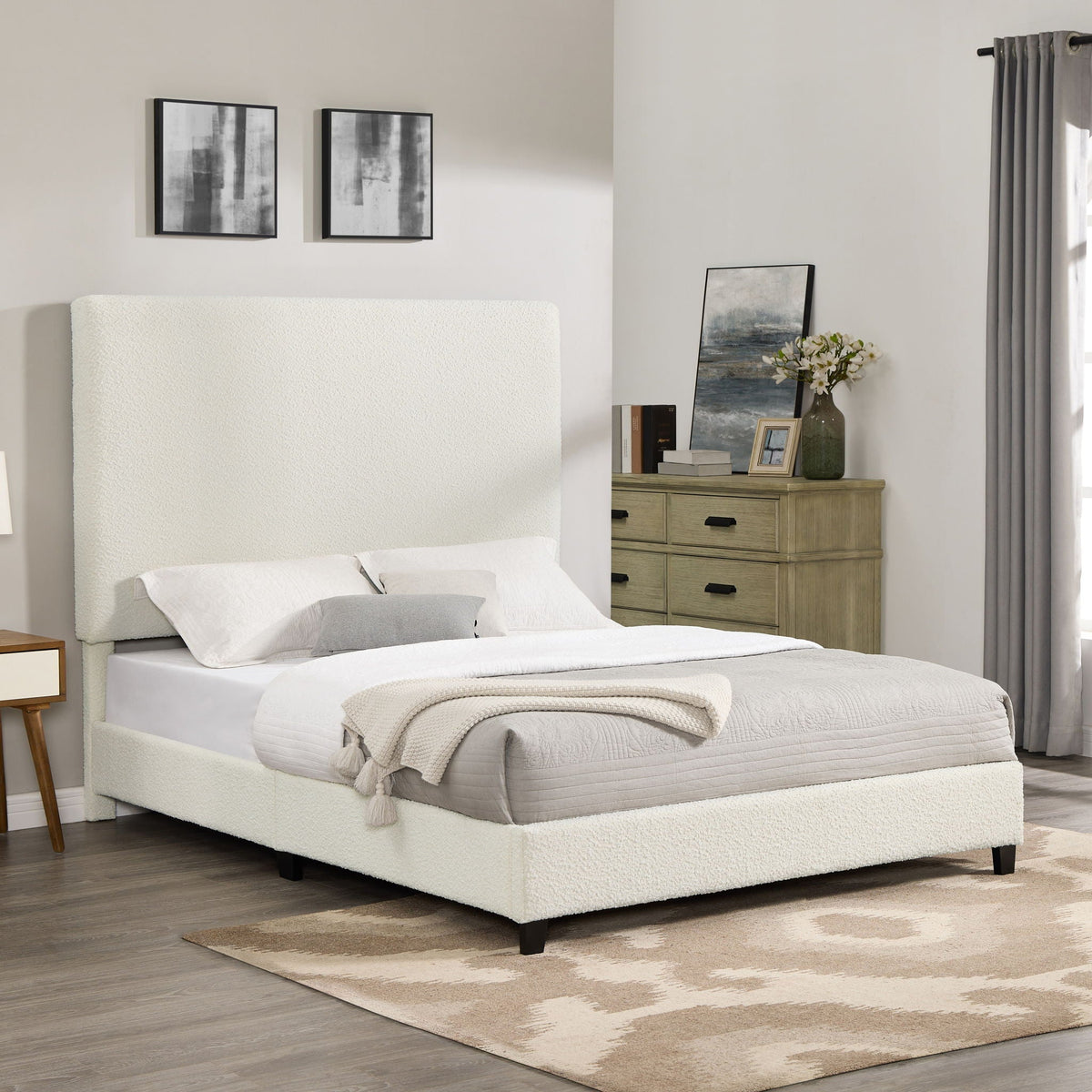 Queen Upholstered Headboard Platform Bed with Solid Wood Frame - White