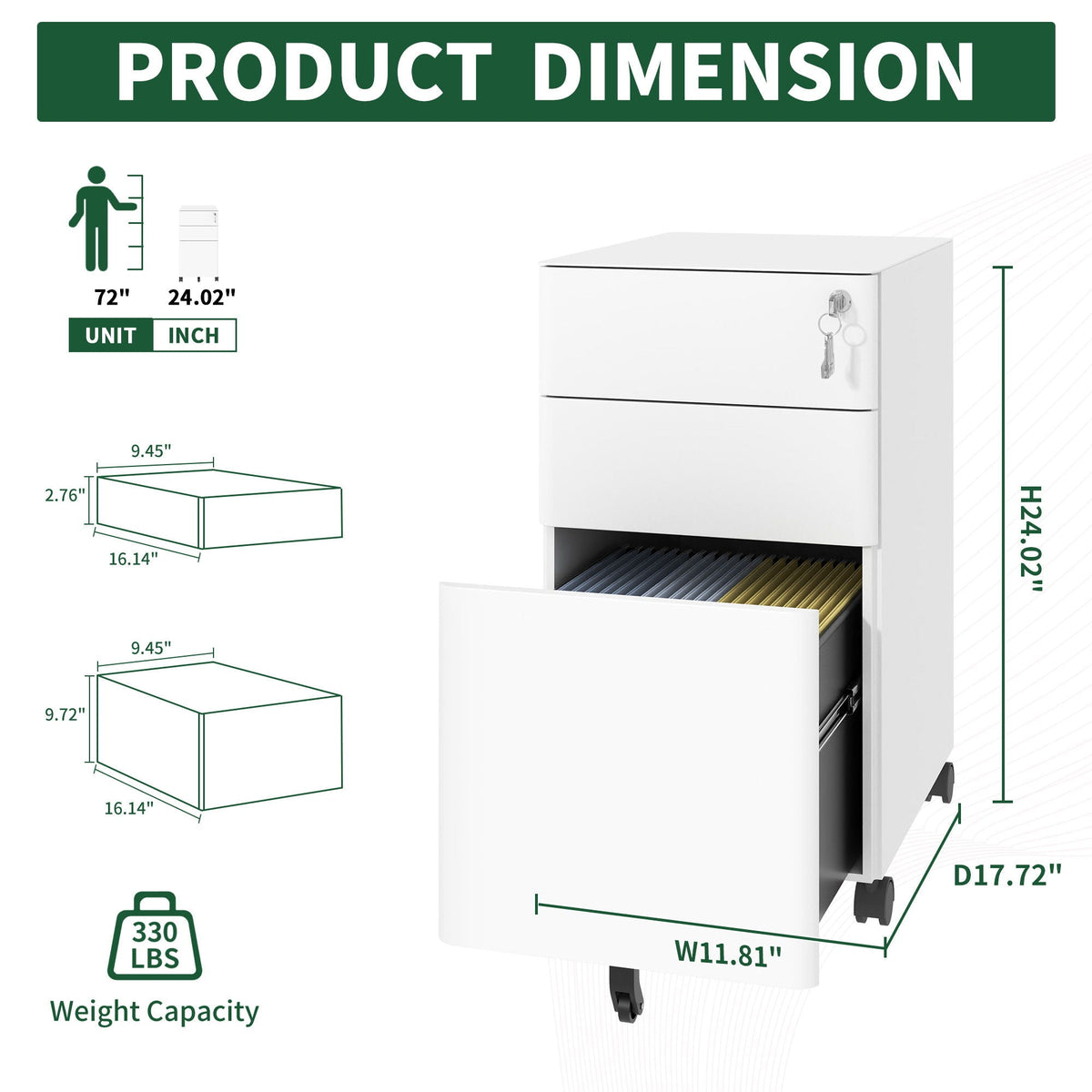 3-Drawer Mobile File Cabinet with Lock and Wheels - White