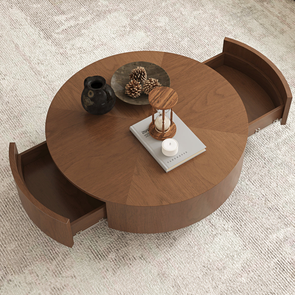 Drum Shaped Round Coffee Table with Solid Wood & MDF Construction - Natural