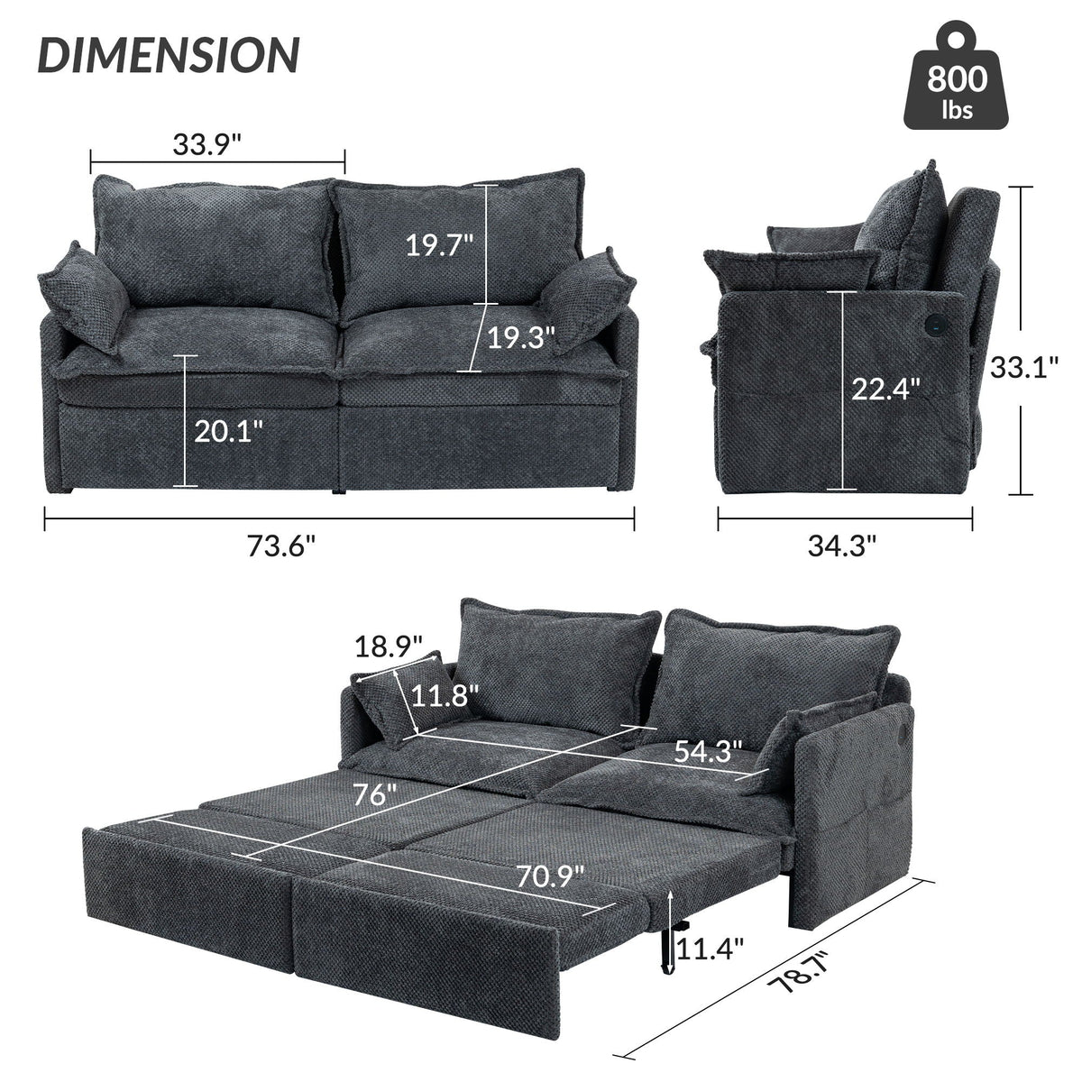 Convertible Sleeper Sofa Bed with Storage and USB/C Charging - Fabric