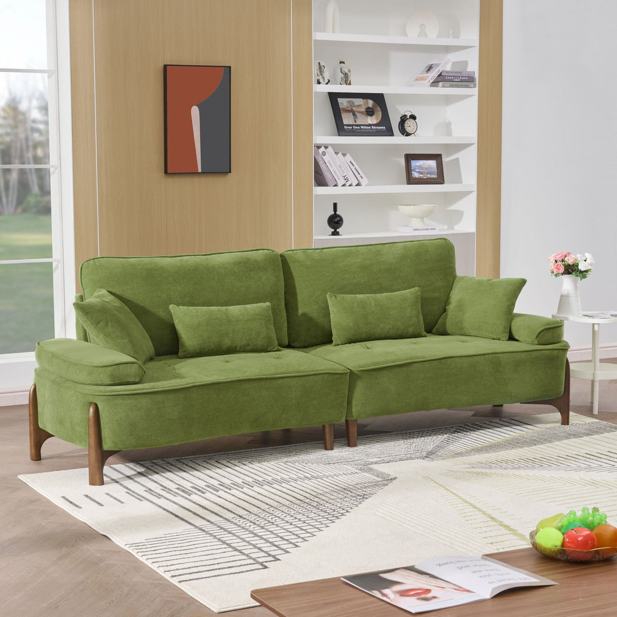 Deep Seated Fabric Stationary Sofa with Plush Pillows - Beige, Green, or Red