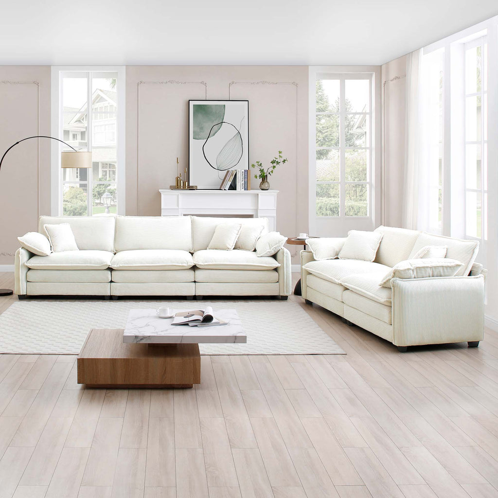 Deep Seat Sofa Set with Plush Corduroy Cushions – Beige