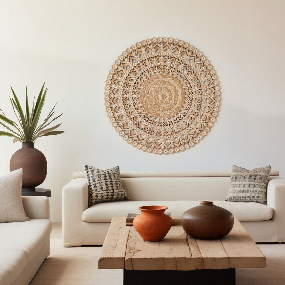 Floral Hand Carved Mandala Round Wall Decor with Intricate Carving - Brown / Antique White