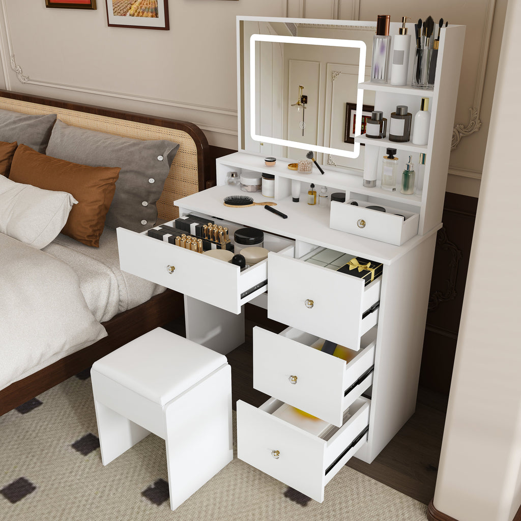 Fashion Vanity Desk with Mirror & Dimmable LED Lights - White MDF
