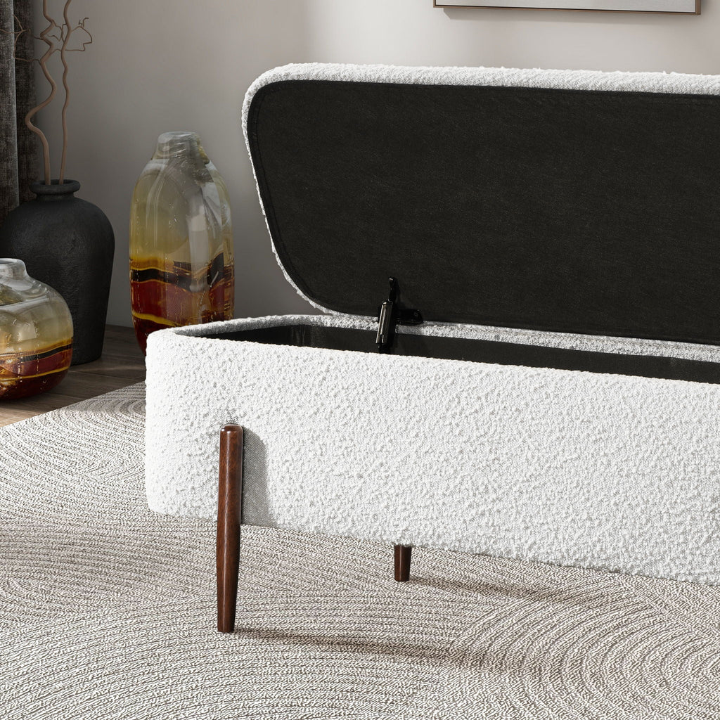 Ivory Storage Bench with Hidden Storage - Boucle Upholstery