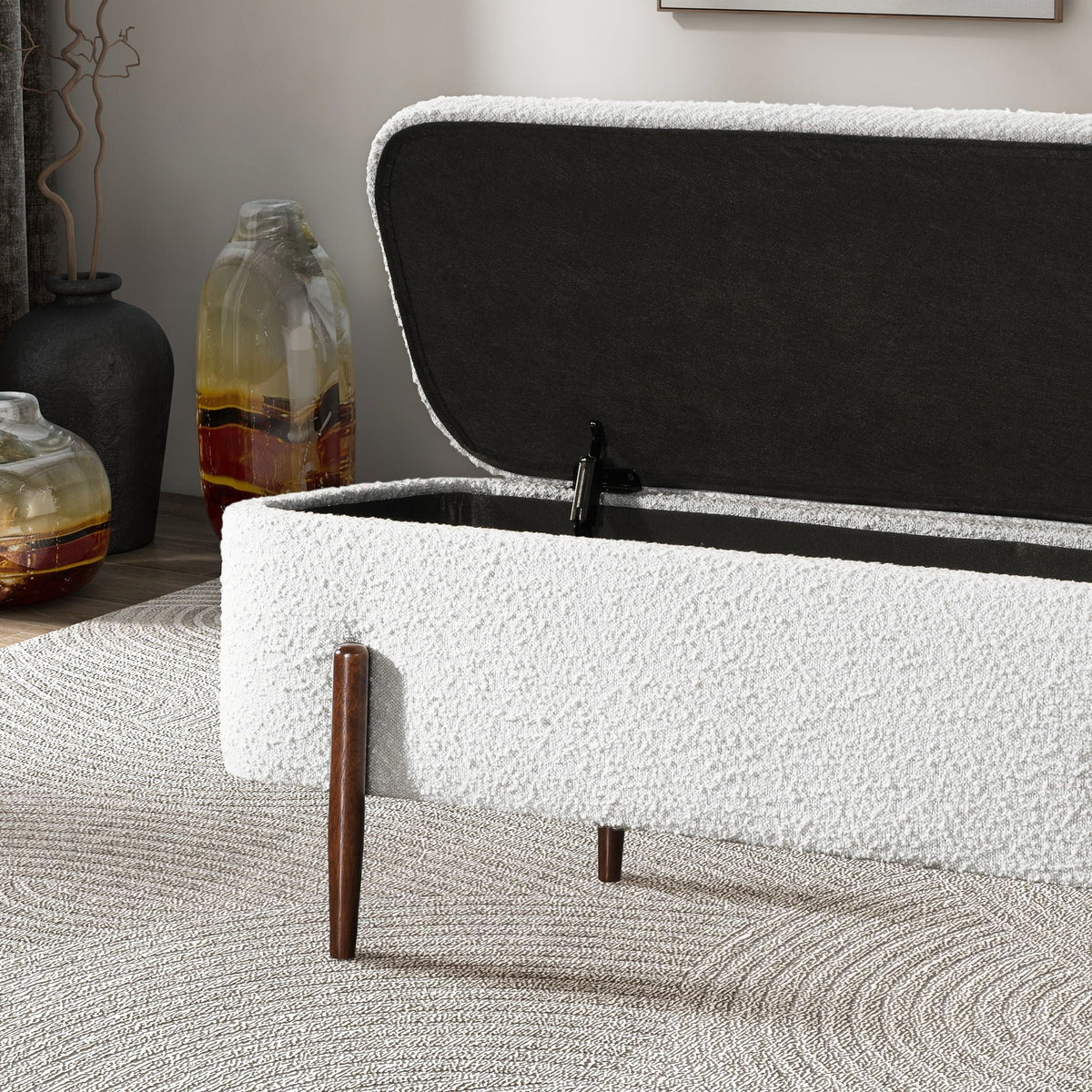 Ivory Storage Bench with Hidden Storage - Boucle Upholstery