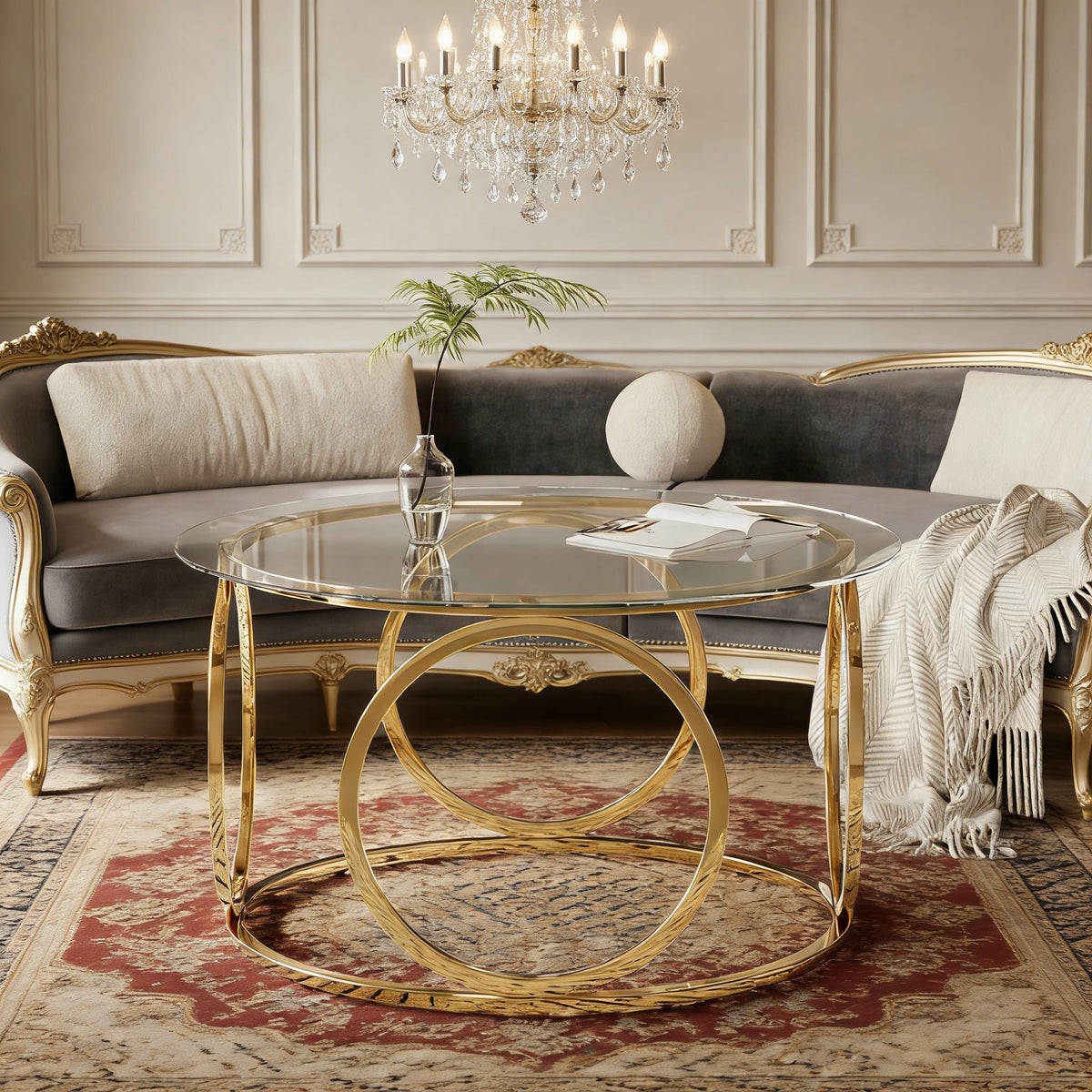Modern Round Glass Top Coffee Table with Metal Frame - Gold