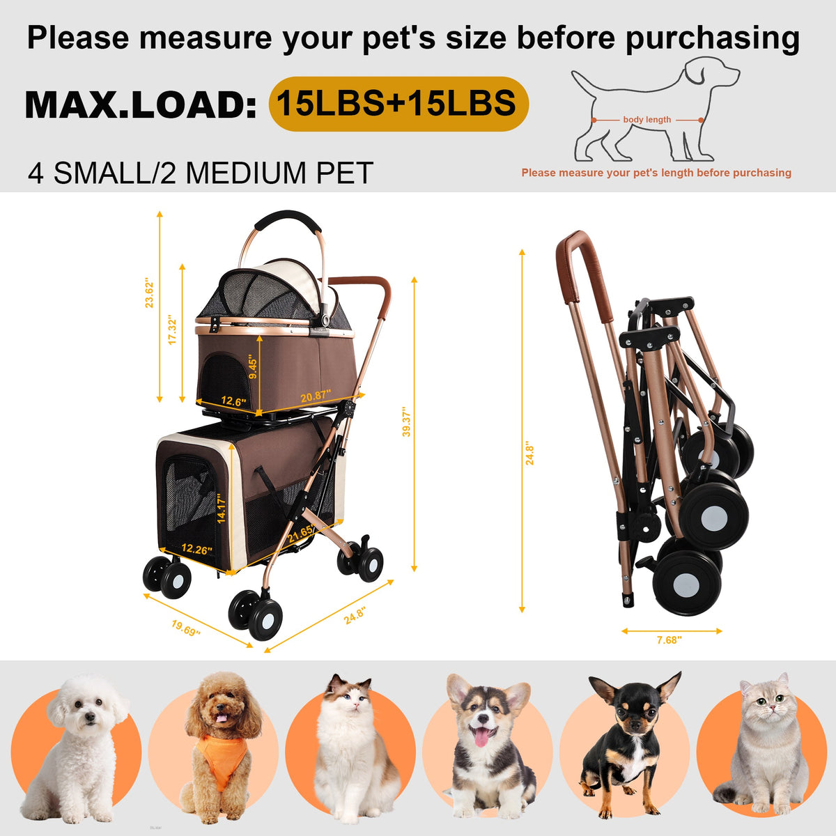 Double Pet Stroller for Dogs and Cats with Foldable Frame - Khaki