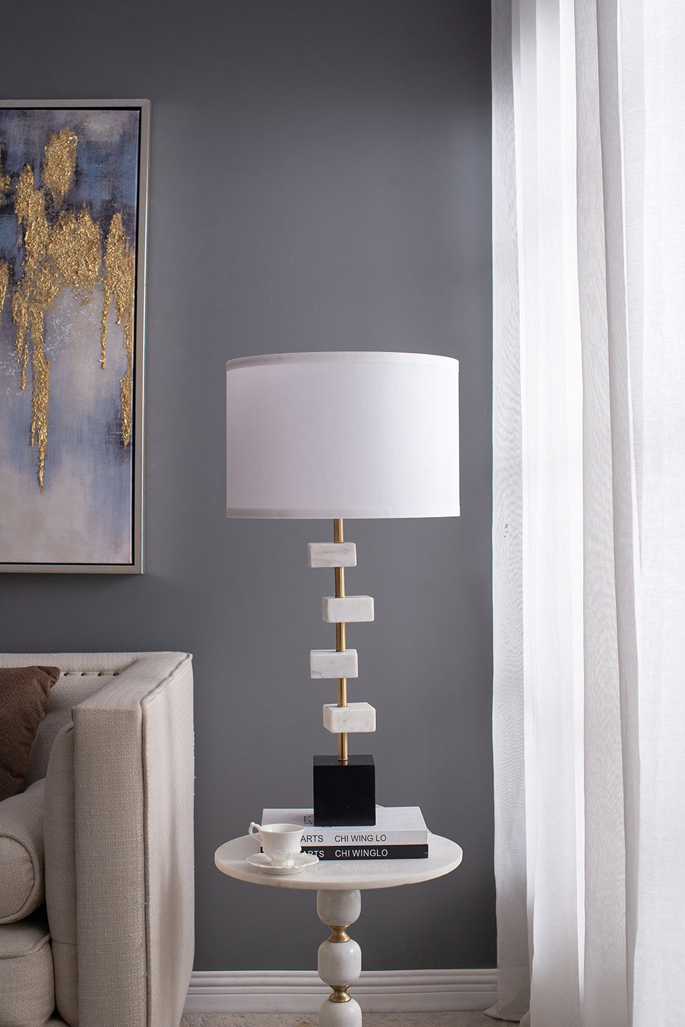 White Marble Table Lamp with Brass Frame and Fabric Shade - 15" W x 30" H