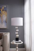 White Marble Table Lamp with Brass Frame and Fabric Shade - 15" W x 30" H