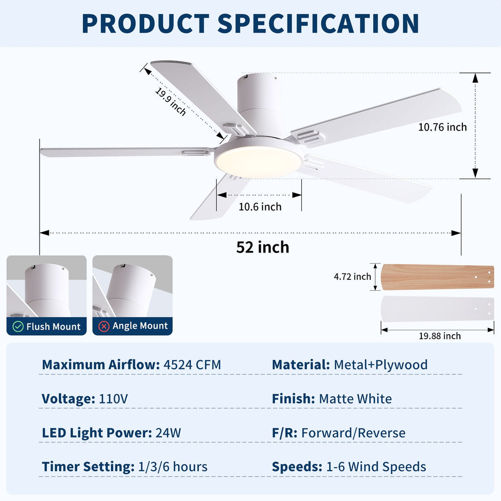 Flush Mount Ceiling Fan with LED Light and Remote Control - Black, White, Pearl Silver