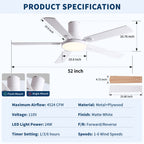 Flush Mount Ceiling Fan with LED Light and Remote Control - Black, White, Pearl Silver