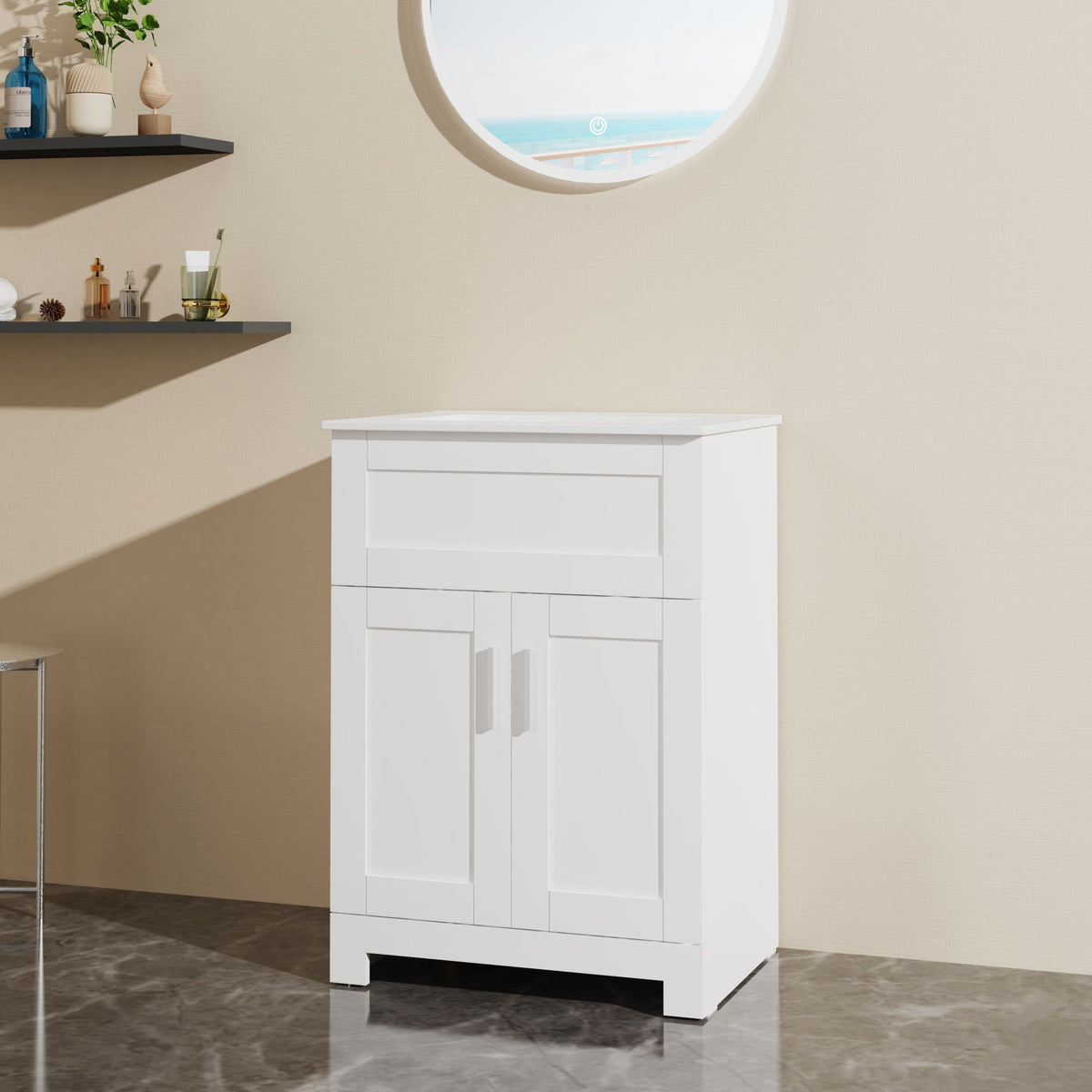 White Sink Bathroom Vanity Laundry Cabinet Combo with Ceramic Sink