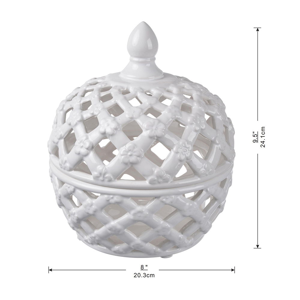 Ceramic Lidded Jar with Lattice Design - White