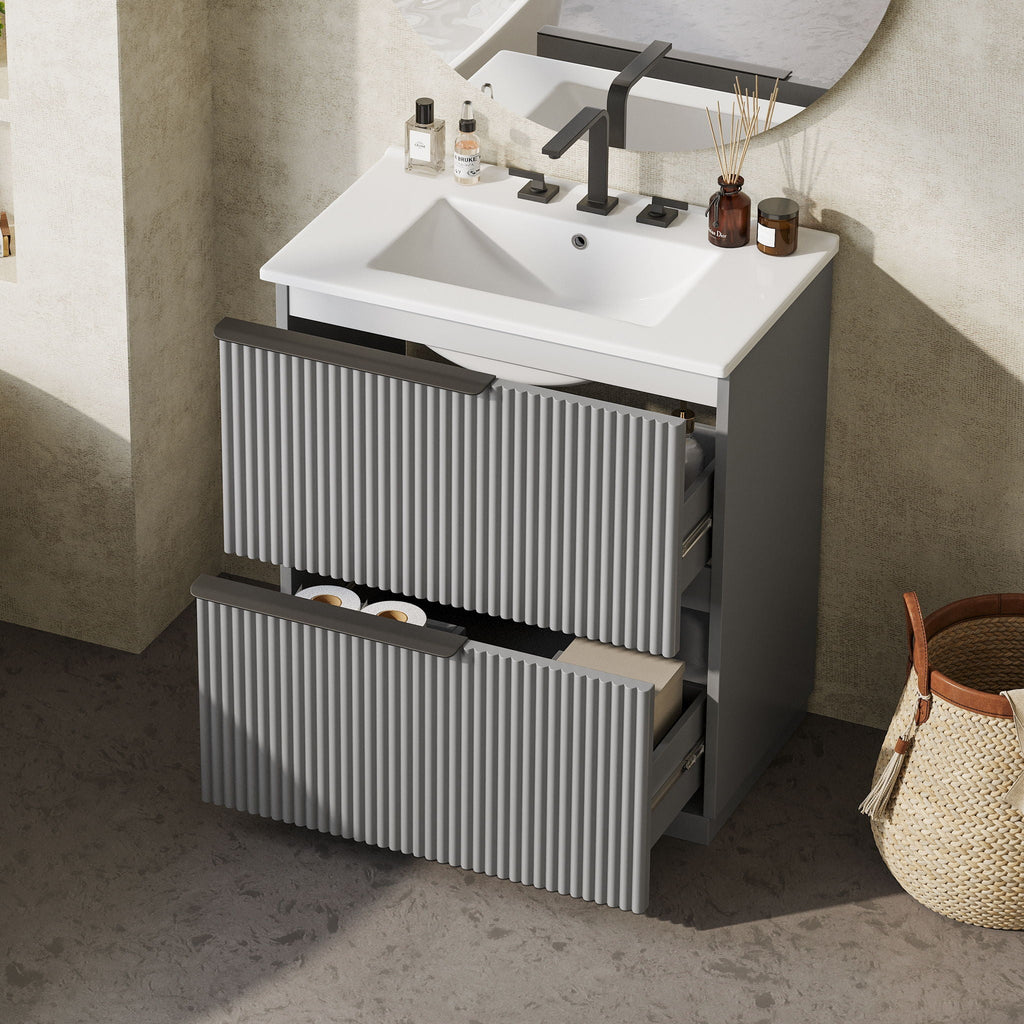 Fluted Bathroom Vanity with Ceramic Sink and Moisture-Proof Cabinet - 30" Wide