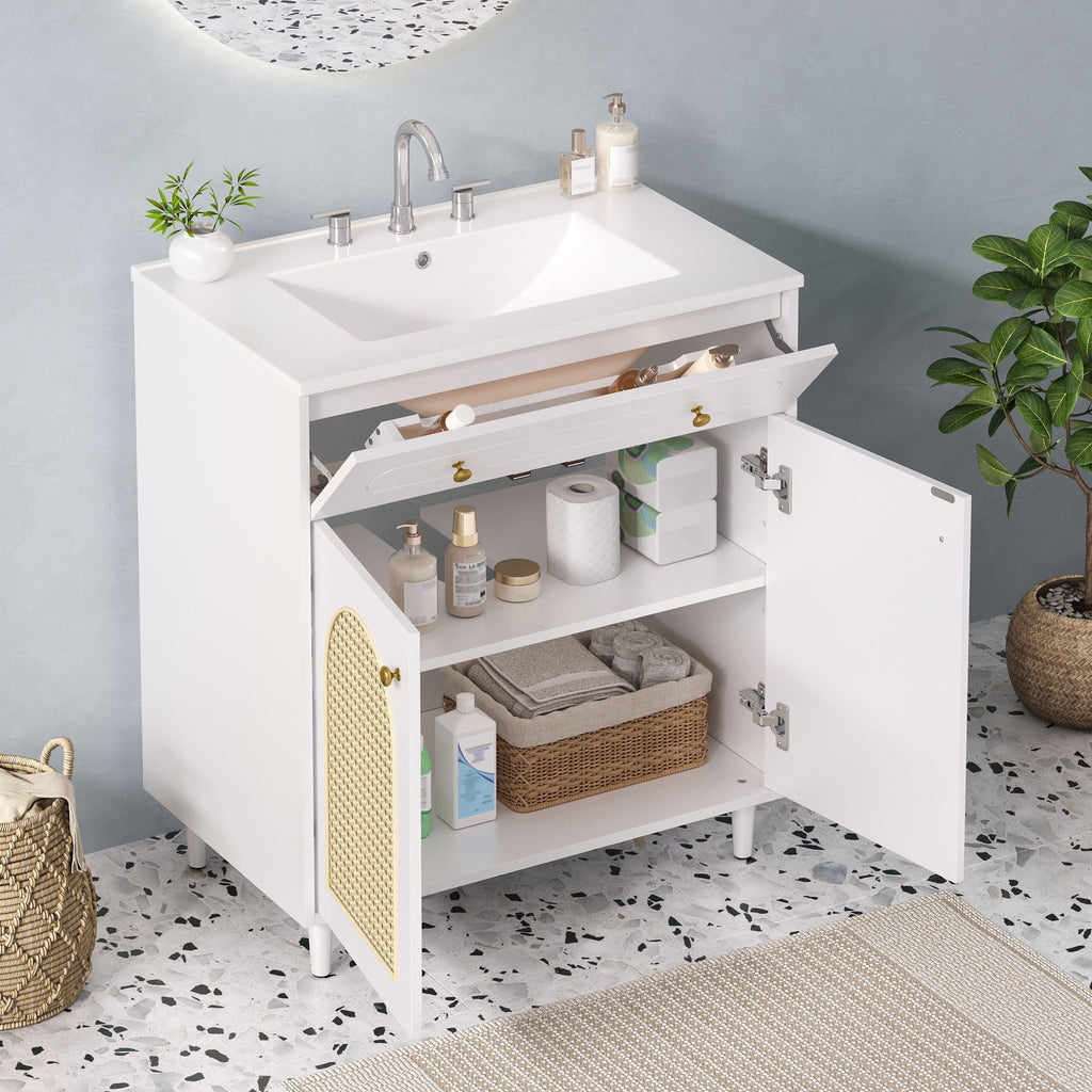 Modern Bathroom Vanity with Ceramic Sink and Adjustable Shelf - Dark Brown or White