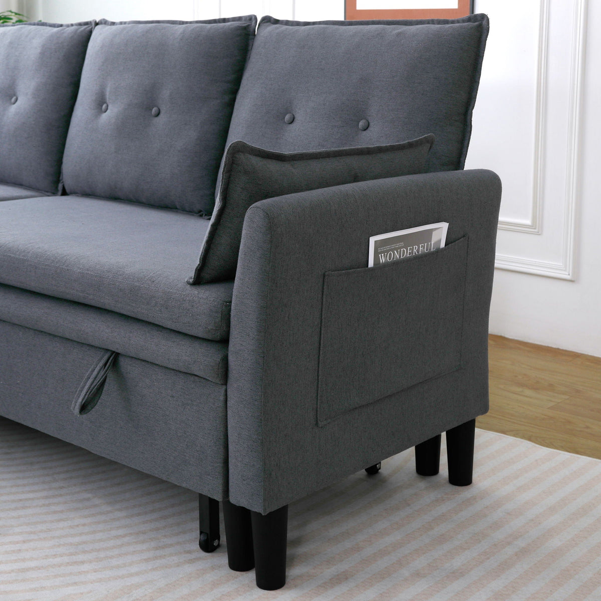 Reversible Chaise Sleeper Sectional Sofa with Storage - Cotton-Linen Upholstery