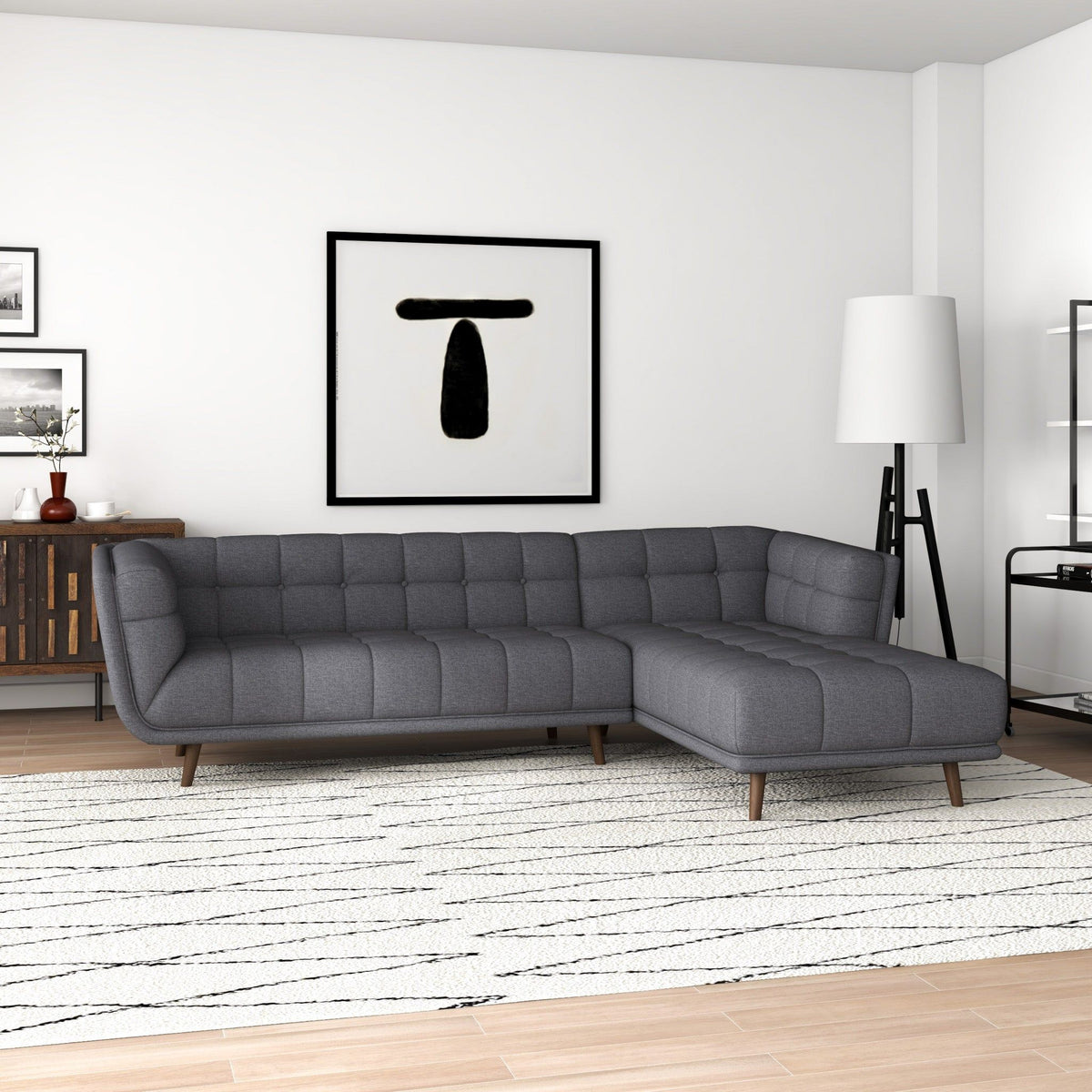 L Shape Sectional Sofa Tufted with Mid-Century Modern Design - Dark Gray or Beige