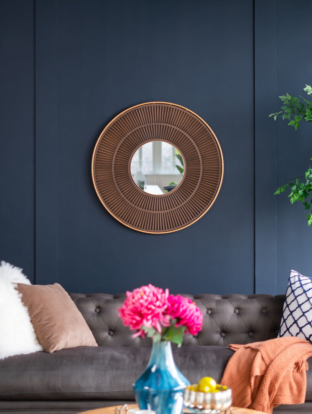 Round Wooden Wall Mirror with Iron Frame - Neutral Colorway