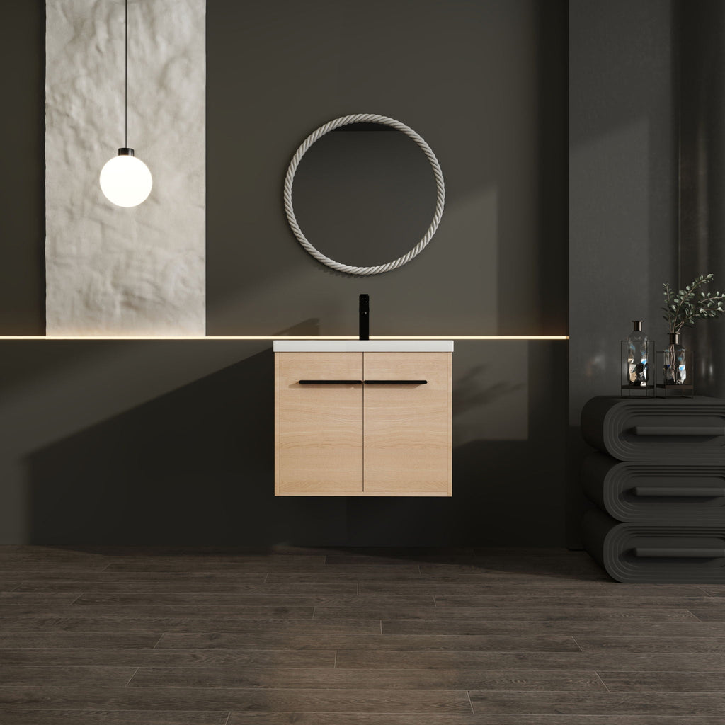 Bathroom Vanity Set with Resin Countertop Sink and 2 Doors - Light Brown Oak