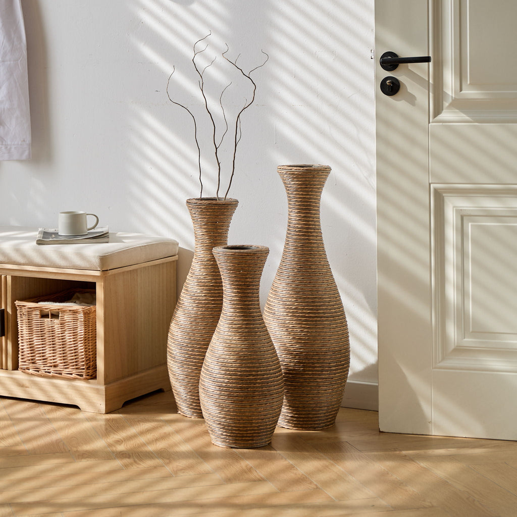 3 Piece Artificial Rattan Floor Vase Set with Modern Artistic Style - Beige