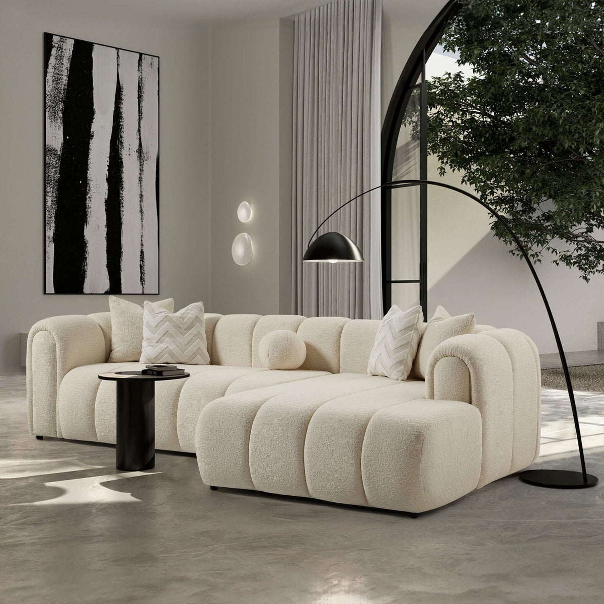 Modern Tufted Right Sectional Sofa with Toss Pillows - Ivory