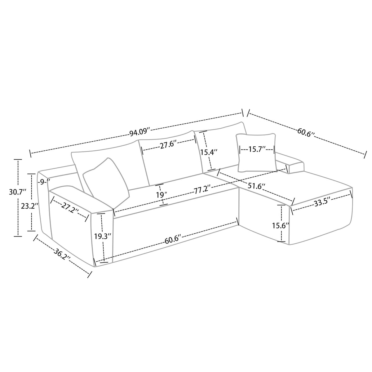 Black Corduroy L Shaped Sectional Sofa with Right Chaise - 94 Inch