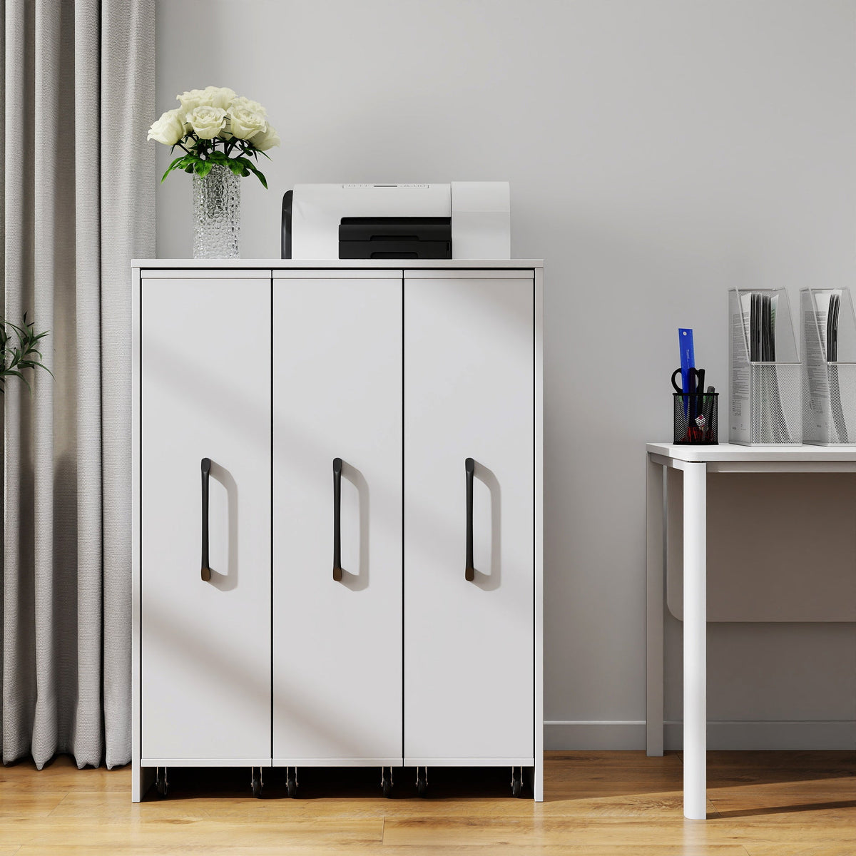 3 Tier Bookcase with Slide Out Doors and Wheels - White
