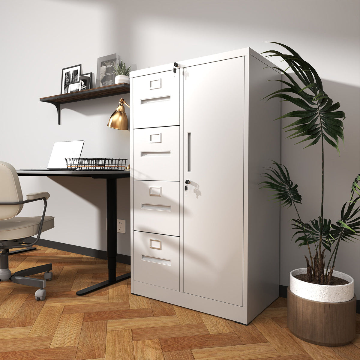 Metal Storage Filing Cabinet with Lock, 4 Drawers and 1 Door - Black or White
