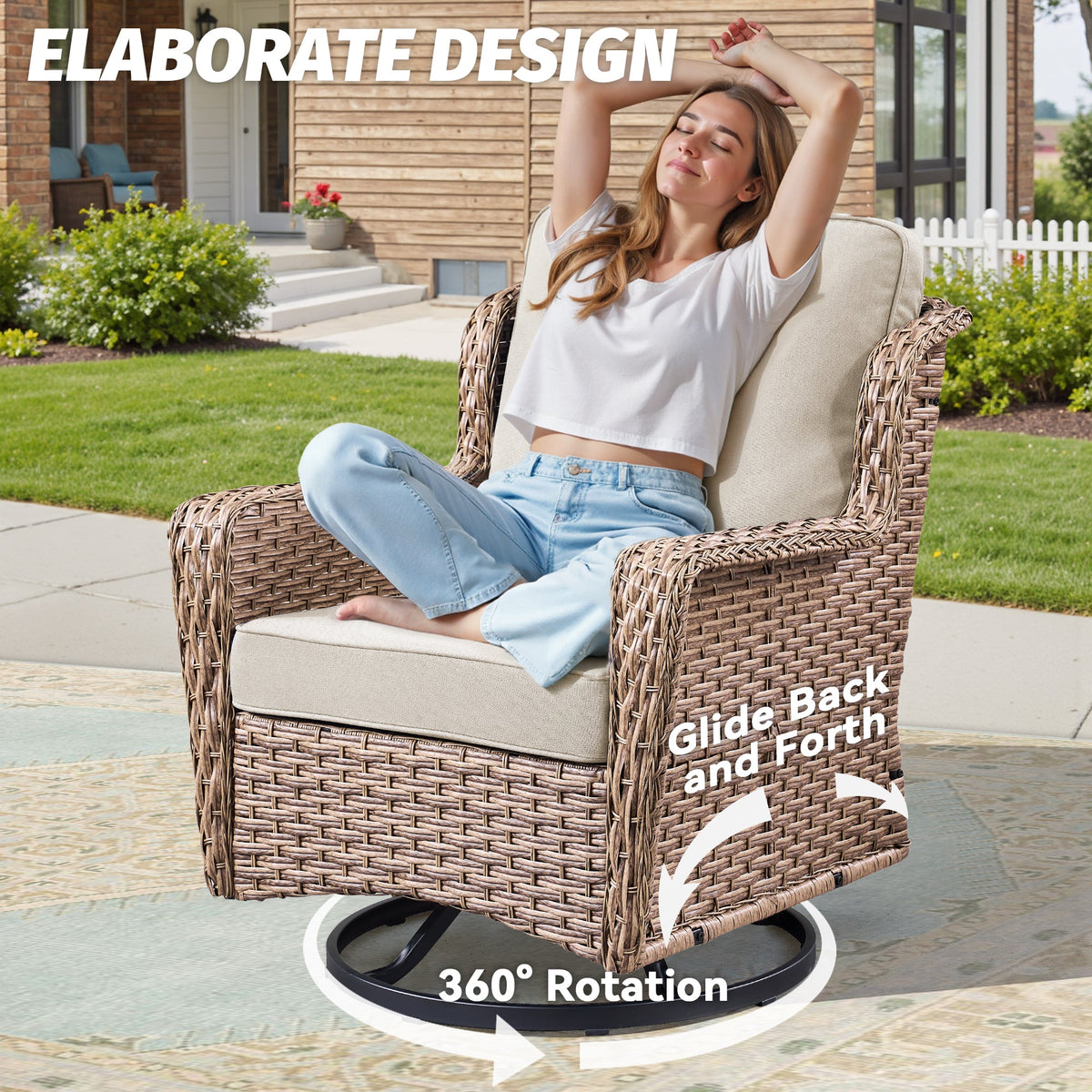 2-Person Outdoor Wicker Swivel Rocker Seating Group with Cushions - Beige or Blue