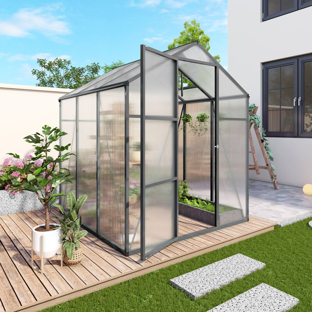 Windproof Greenhouse with Raised Base - Polycarbonate Panels - Black