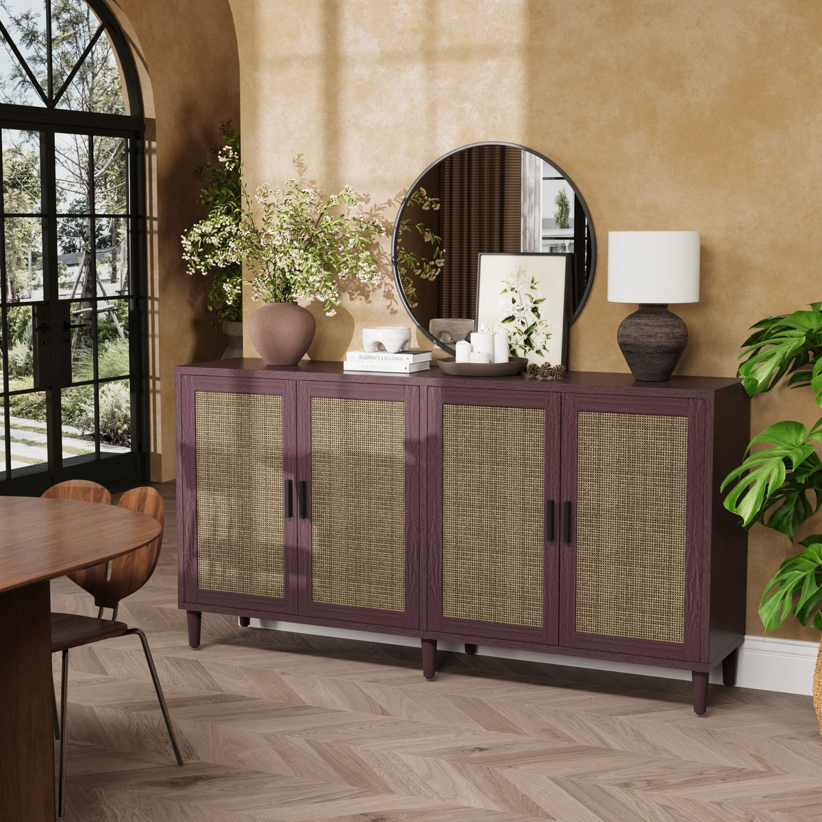Buffet Cabinet with Adjustable Shelves and Rattan Doors - Light or Dark Brown