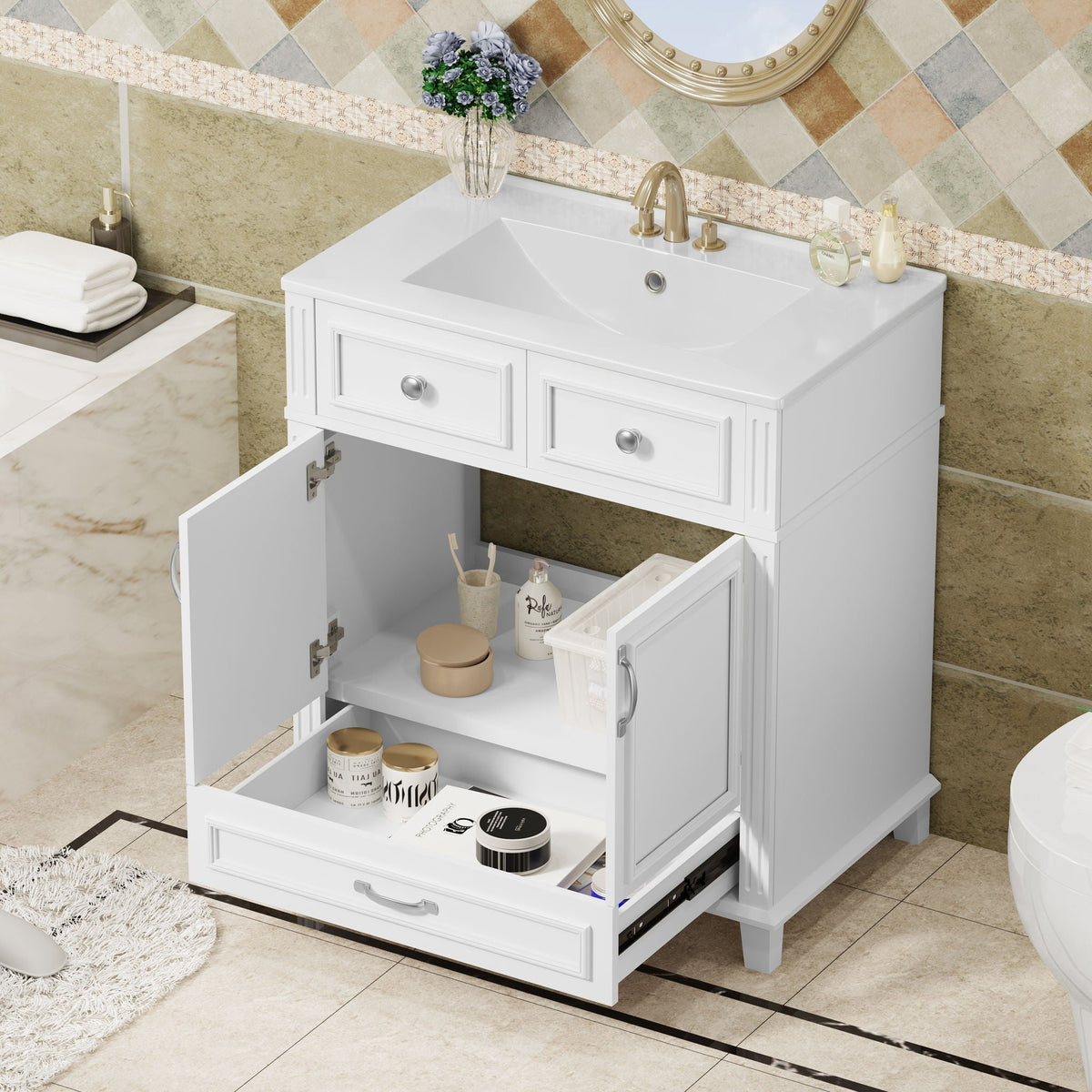 Bathroom Vanity with Sink and Storage Cabinet - White, Blue, or Dark Green