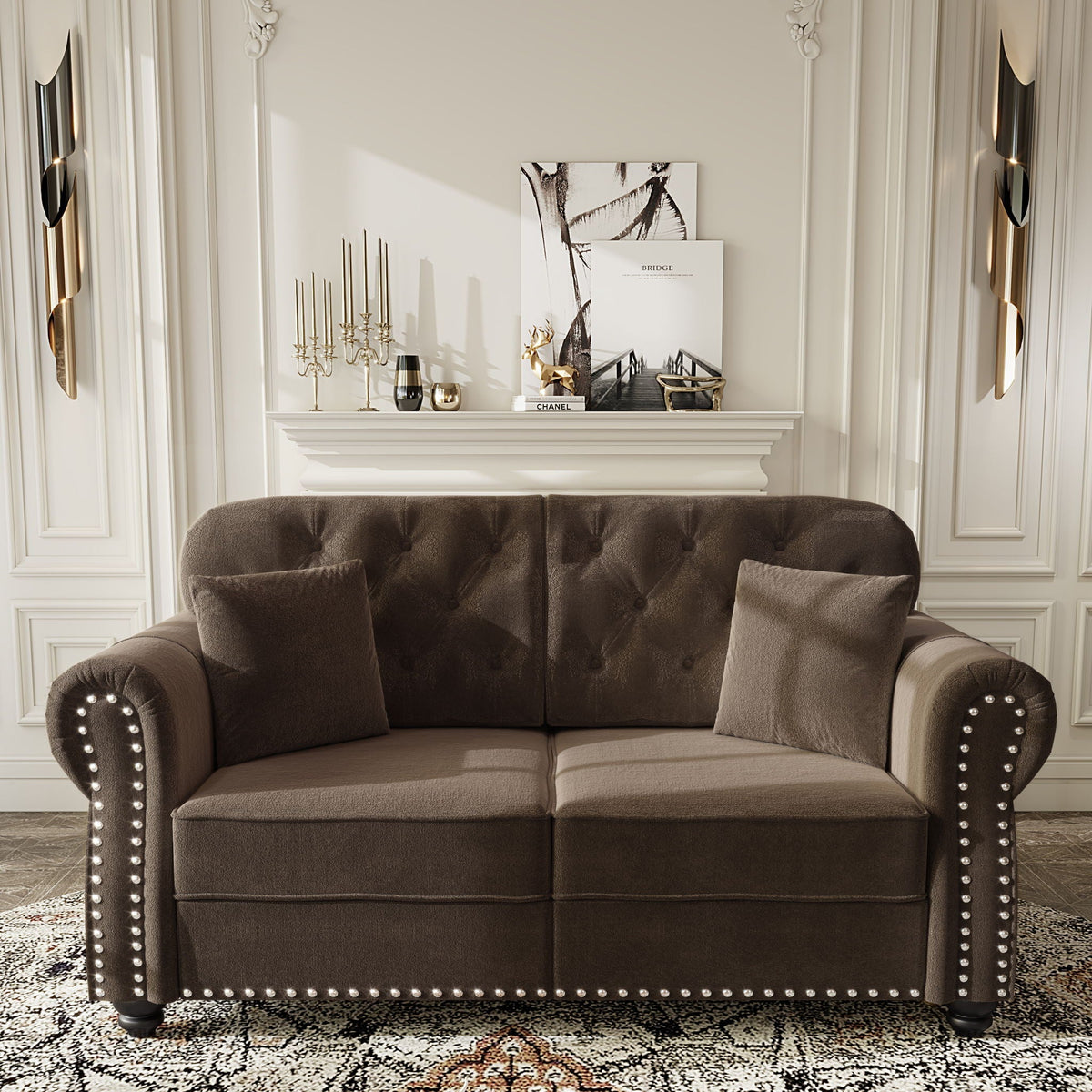 Upholstered Chesterfield Sofa with Nailhead Trim and Rolled Armrests - Fabric