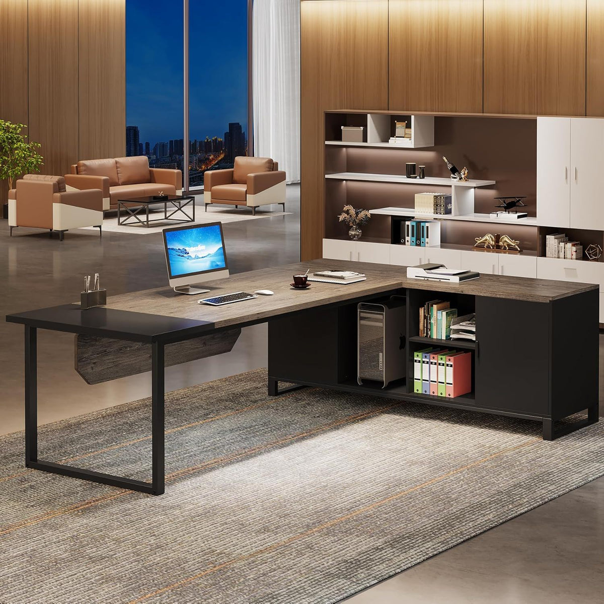 L-Shaped Executive Desk with File Cabinet and Storage - Light Brown or Dark Gray