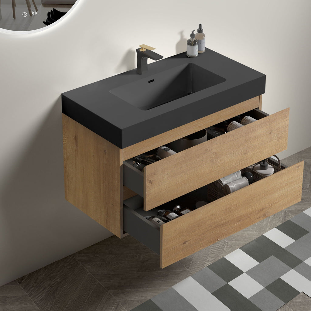 Natural Oak Bathroom Vanity with Floating Quartz Sink - Light Brown