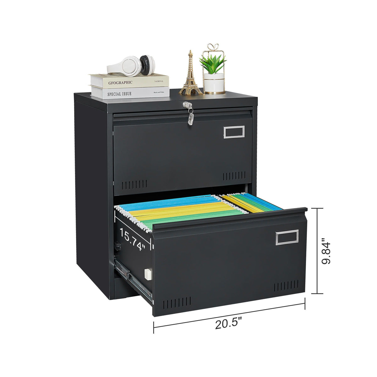 Black Metal Lateral Filing Cabinet with Lock – 2 Drawer Office File Cabinet