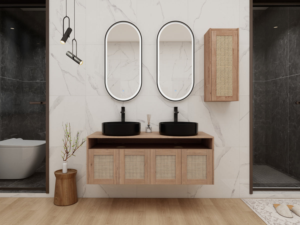 48" Bathroom Vanity with Ceramic Art Sink and Side Cabinet - Imitative Oak