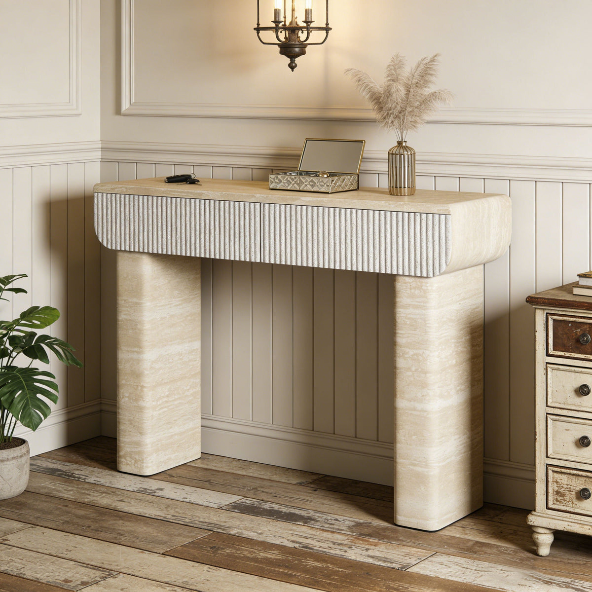 Entryway Table with 2 Hidden Handle Drawers – Beige / Yellow