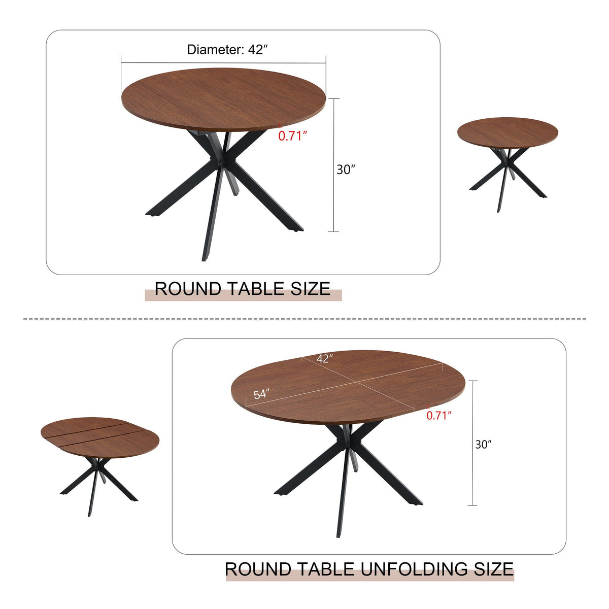 Extendable Round Dining Table with Metal Base - Walnut