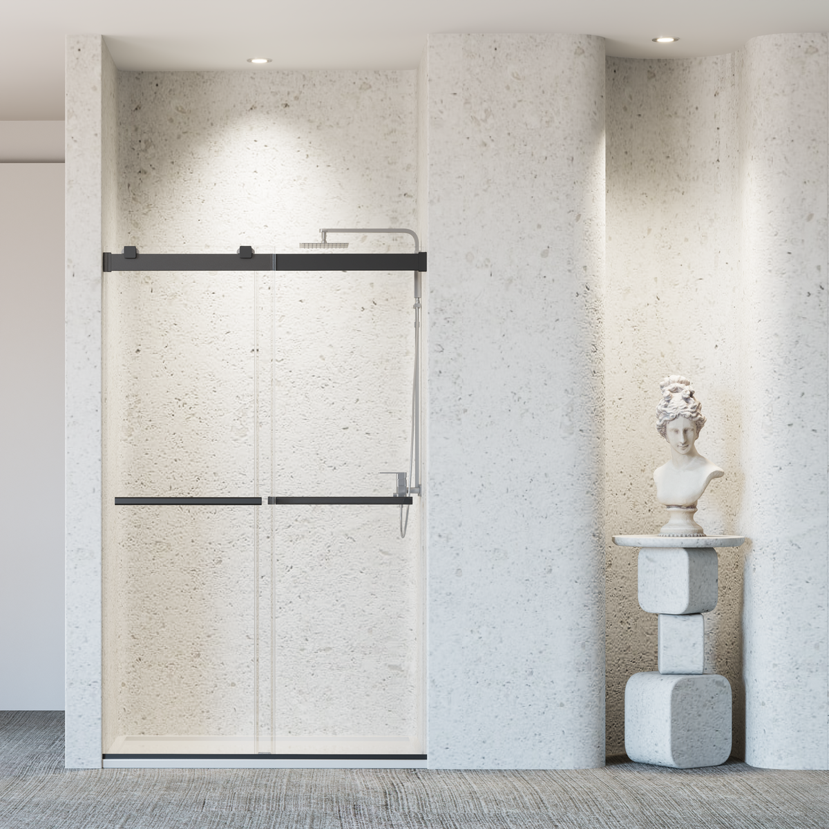 Frameless Double Sliding Soft-Close Shower Door – Matte Black