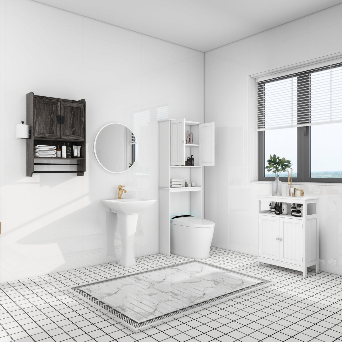 Bathroom Wall Cabinet with Adjustable Shelf, Towel Bar and Paper Holder - Grey