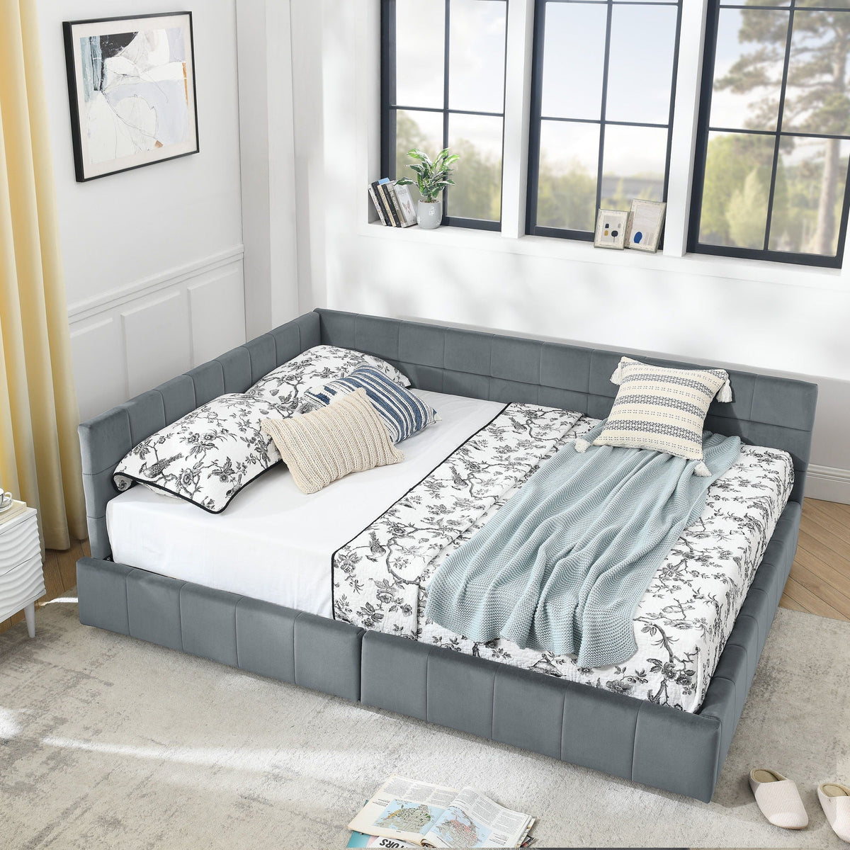 Mid-Century Storage Upholstered Tufted Bed Frame with Backrest and Armrests - Multiple Colors