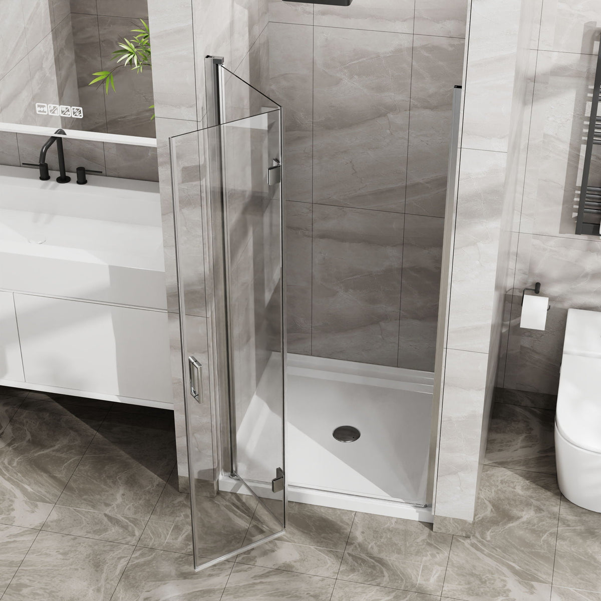 Frameless Glass Shower Door Bifold with Zinc Alloy Handle - Pearl Silver or Black