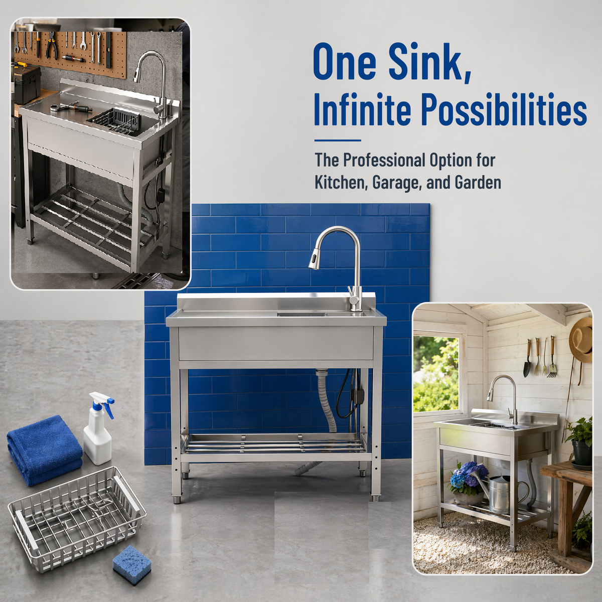 Stainless Steel Utility Sink with Large Compartment & Pull-Out Faucet - Silver