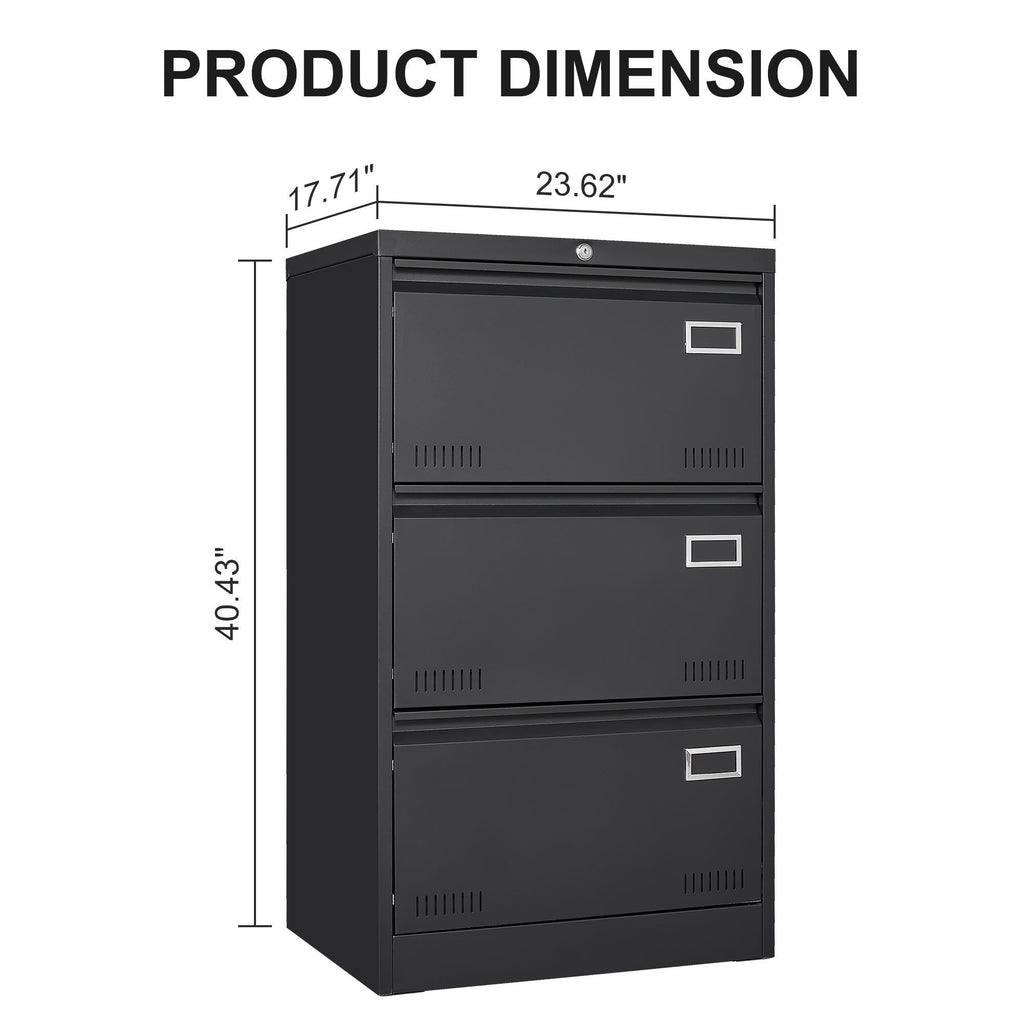 Locking Metal Filing Cabinet 3 Drawer - Multiple Sizes, Black or White