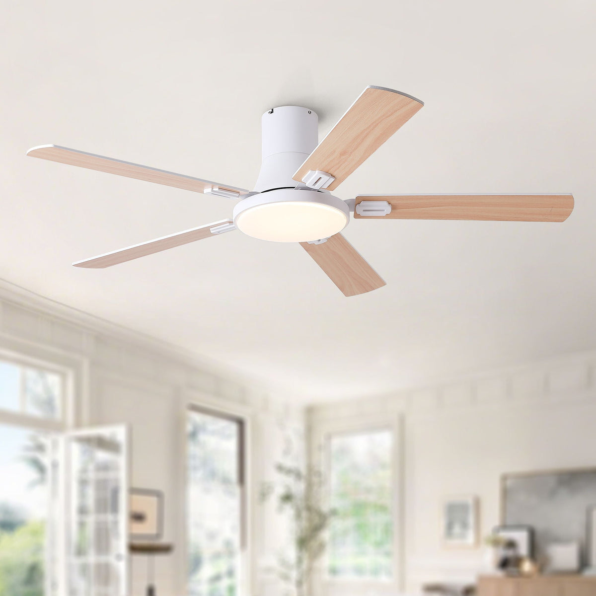 Flush Mount Ceiling Fan with LED Light and Remote Control - Black, White, Pearl Silver