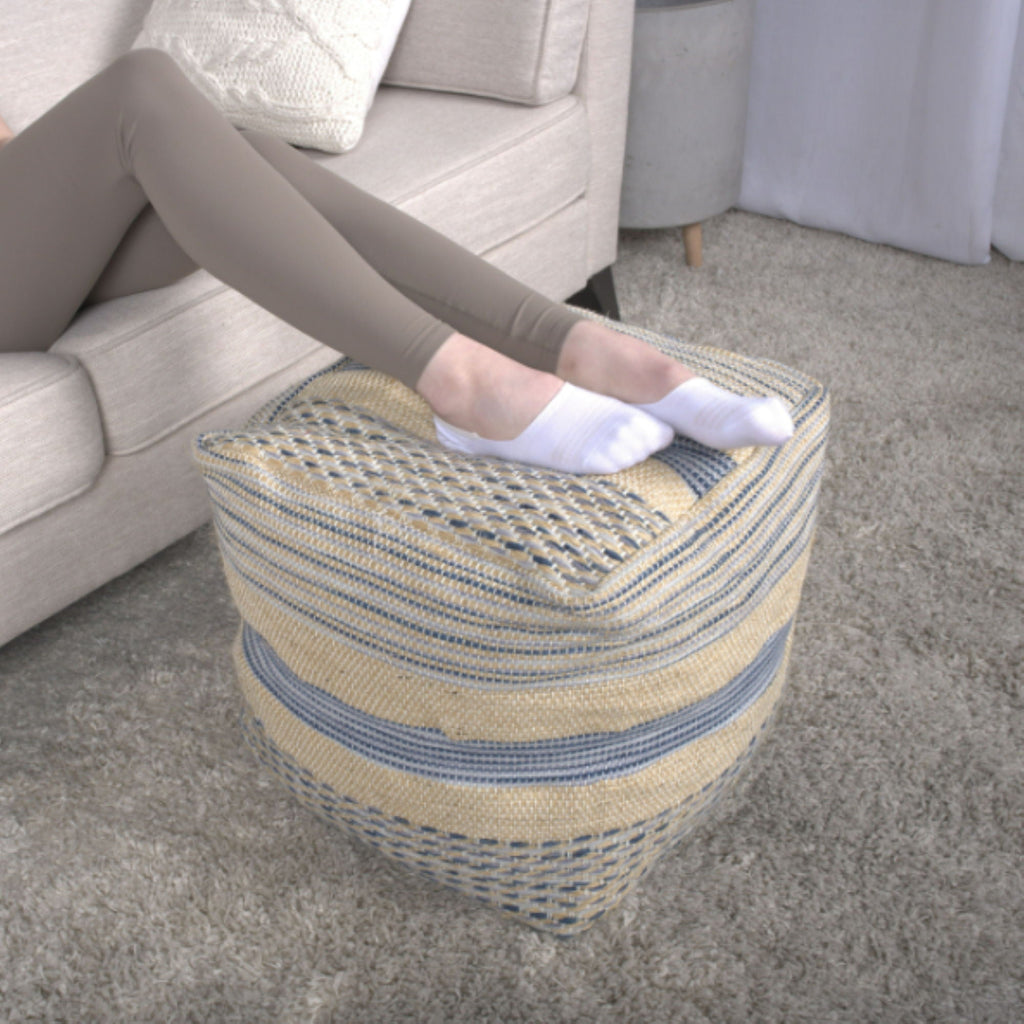 Handcrafted Fabric Pouf with Durable Hemp and Wool - Natural / Blue