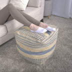 Handcrafted Fabric Pouf with Durable Hemp and Wool - Natural / Blue
